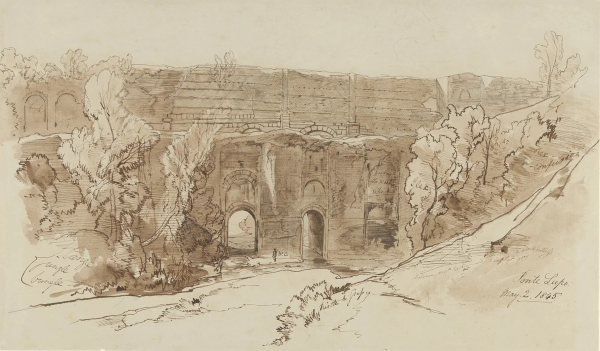 Gezicht op de Ponte Lupo (bij Tivoli) by Edward Lear, drawing, 1845