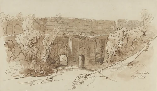 Gezicht op de Ponte Lupo (bij Tivoli) by Edward Lear, drawing, 1845