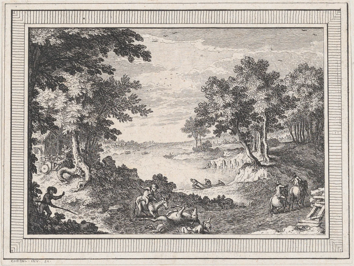 Landscape, from a series of six landscapes dedicated to Madame La Marquise de Pompadour by Quentin Pierre Chedel, print, 1720-1762