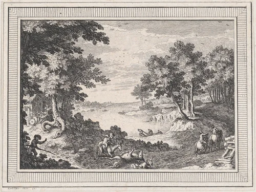 Landscape, from a series of six landscapes dedicated to Madame La Marquise de Pompadour by Quentin Pierre Chedel, print, 1720-1762