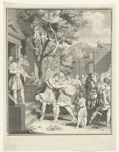 Telemachus en Nestor in omhelzing by Jacob Folkema, print, 1732