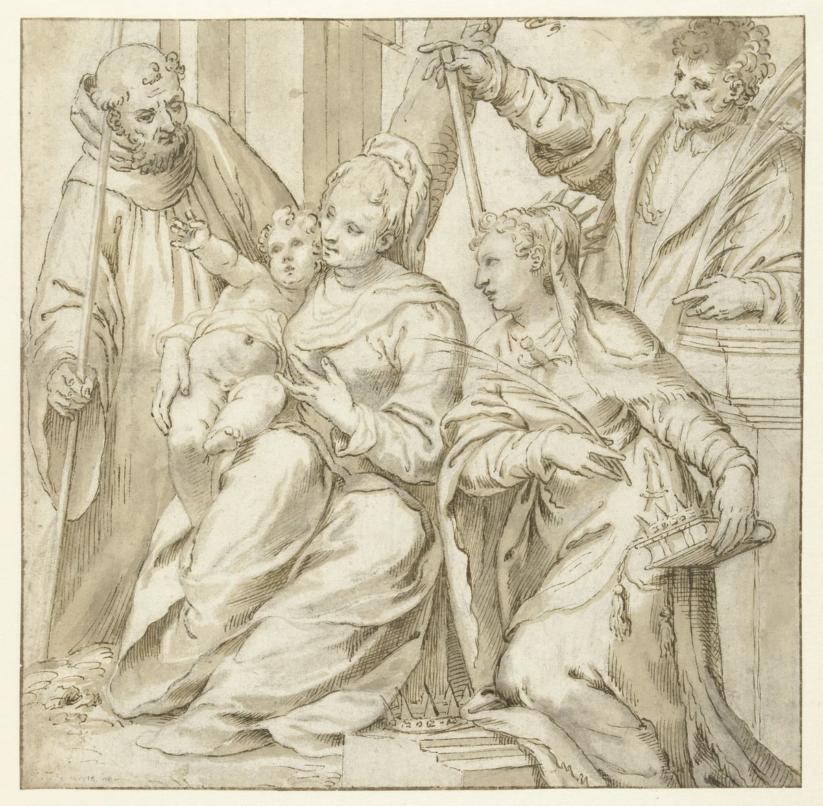Heilige Familie met twee palmtak dragende martelaren by Unknown, drawing, 1534-1606