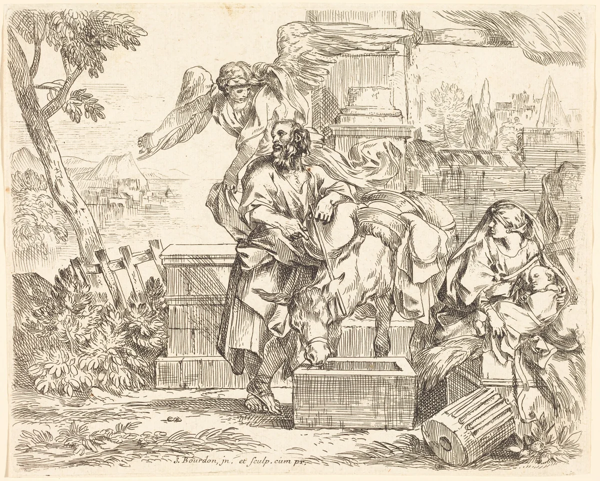 Saint Joseph Listening to the Angel's Counsel by Sébastien Bourdon, print, 1616-1671