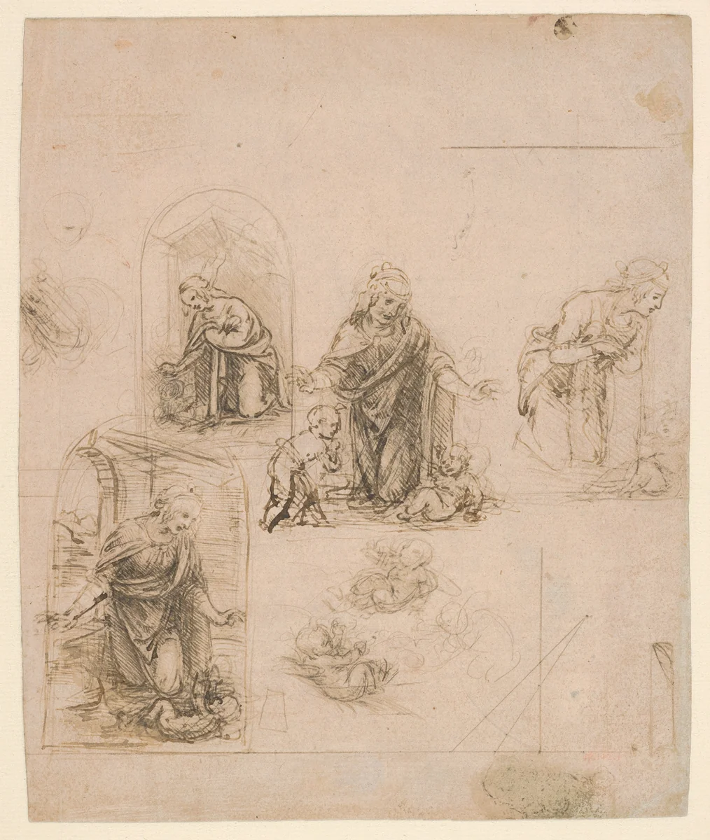 Compositional Sketches for the Virgin Adoring the Christ Child, with and without the Infant St. John the Baptist; Diagram of a Perspectival Projection (recto); Slight Doodles (verso) by Leonardo da Vinci, drawing, 1480-1485
