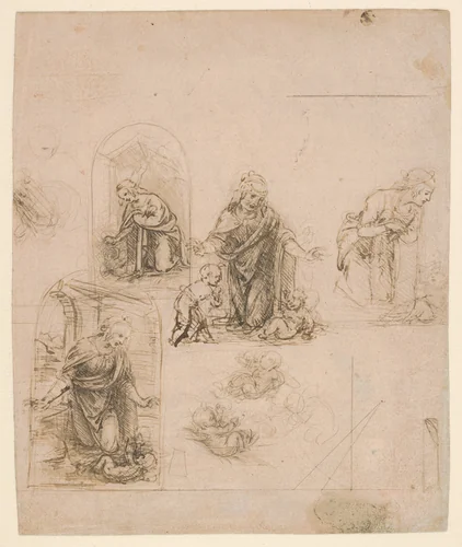 Compositional Sketches for the Virgin Adoring the Christ Child, with and without the Infant St. John the Baptist; Diagram of a Perspectival Projection (recto); Slight Doodles (verso) by Leonardo da Vinci, drawing, 1480-1485