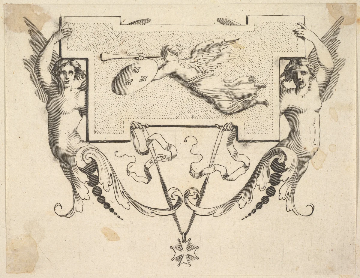 Tail-piece: Two Winged Women Hold a Cartel Decorated by Fame by Claude Mellan, print, 1600-1688