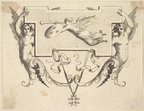 Tail-piece: Two Winged Women Hold a Cartel Decorated by Fame by Claude Mellan, print, 1600-1688