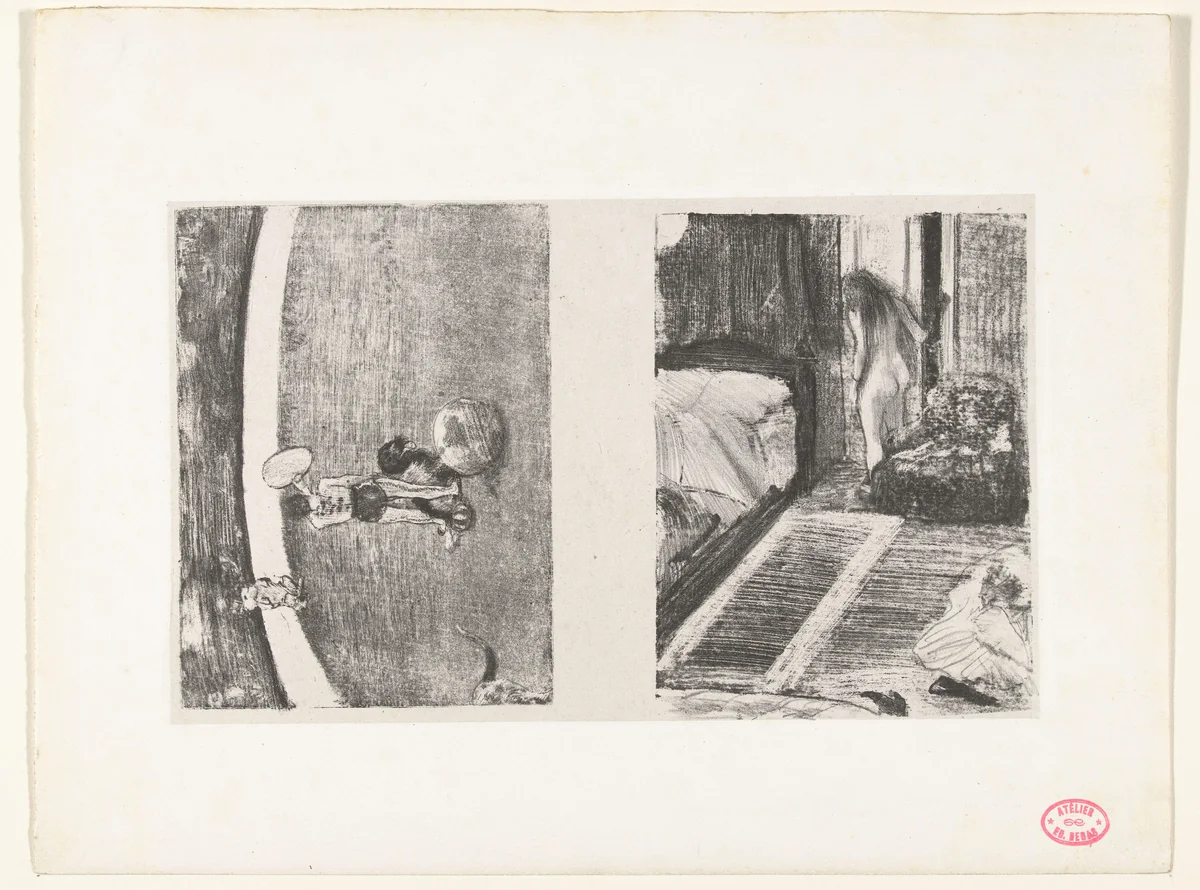 Piste van circus Fernando en naakte vrouw bij deur in haar kamer by Edgar Degas, print, 1879