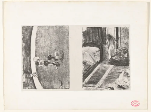 Piste van circus Fernando en naakte vrouw bij deur in haar kamer by Edgar Degas, print, 1879