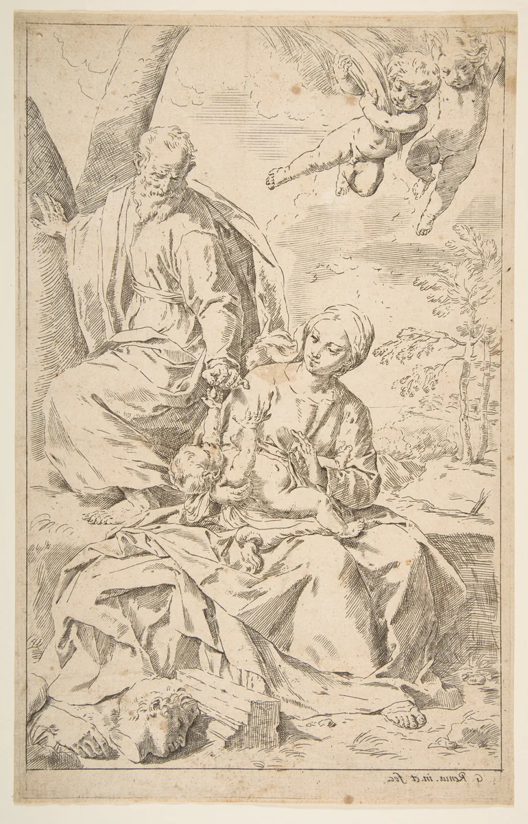 Rest on the flight into Egypt, Mary holding the infant Christ while St. Joseph hands him a fruit by Simone Cantarini, print, 1635-1645