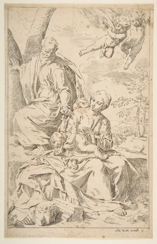 Rest on the flight into Egypt, Mary holding the infant Christ while St. Joseph hands him a fruit by Simone Cantarini, print, 1635-1645