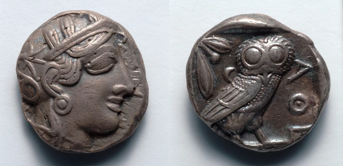 Tetradrachm: Head of Athena (obverse); Owl (reverse) by Unknown, metalwork, -480--449