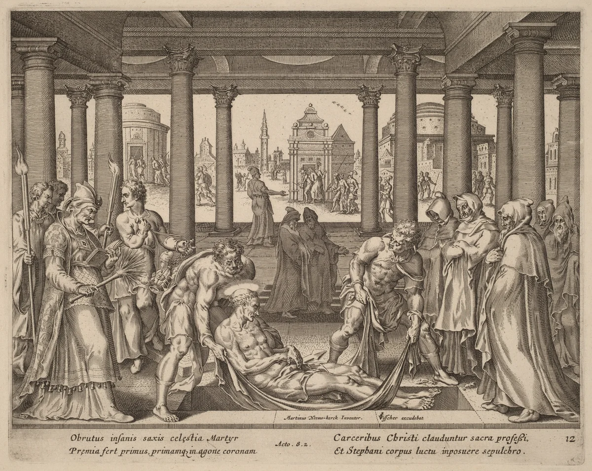 Devout Men Carrying Saint Stephen to His Burial by Philip Galle, print, 1537-1612