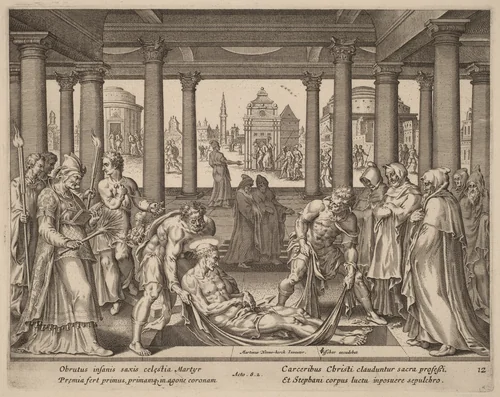 Devout Men Carrying Saint Stephen to His Burial by Philip Galle, print, 1537-1612