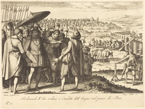 Restoration of the Aqueduct at Pisa by Jacques Callot, print, 1614