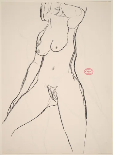 Untitled [standing nude with her left hand under her chin] [recto] by Richard Diebenkorn, drawing, 1955-1967