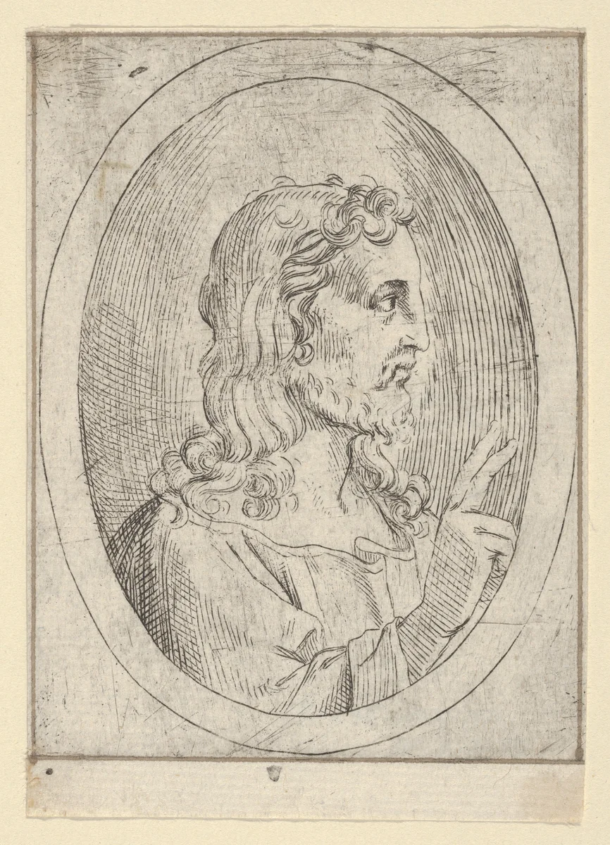 Christ seen in profile facing right, making the sign of blessing with his right hand, in an oval frame, from "Christ, the Virgin, and Thirteen Apostles" by anonymous, print, 1600-1640