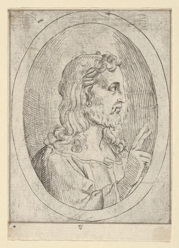 Christ seen in profile facing right, making the sign of blessing with his right hand, in an oval frame, from "Christ, the Virgin, and Thirteen Apostles" by anonymous, print, 1600-1640