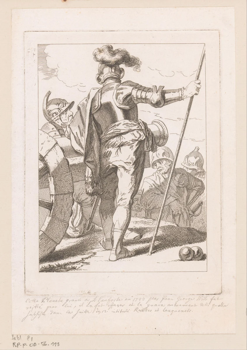 Soldaat leunend op een kanon by Johann Georg Wille, print, 1753