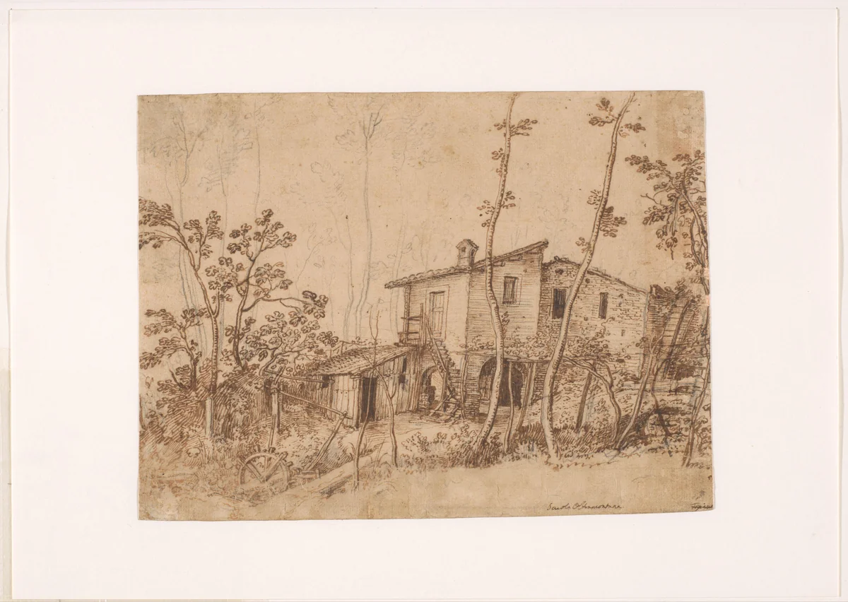Italiaanse boerderij aan een beek by Paul Bril, drawing, 1574-1626