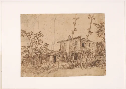 Italiaanse boerderij aan een beek by Paul Bril, drawing, 1574-1626