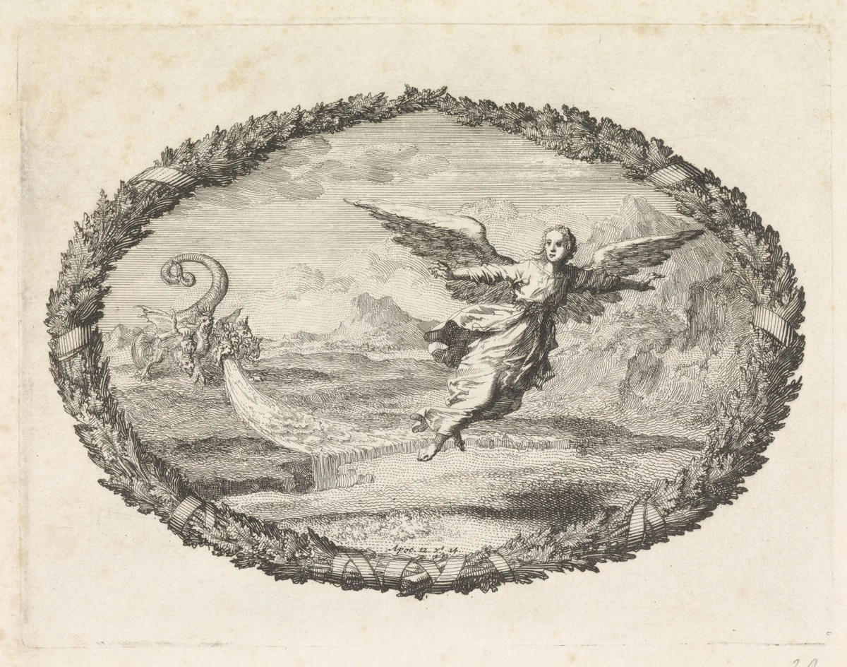 Achtervolging van de apocalyptische vrouw door de zevenkoppige draak by Jan Luyken, print, 1700