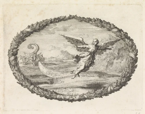 Achtervolging van de apocalyptische vrouw door de zevenkoppige draak by Jan Luyken, print, 1700