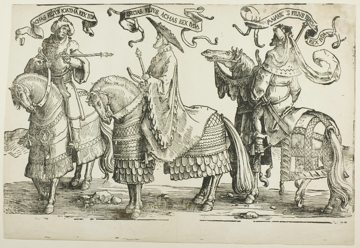 Ahaz, Hezekiah, Manasses, plate four, from The Twelve Kings of Israel by Lucas van Leyden, print, 1515-1525