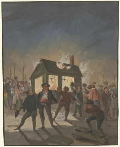 Het verbranden van de douanehuisjes in Amsterdam op 15 november 1813 by anonymous, drawing, 1813
