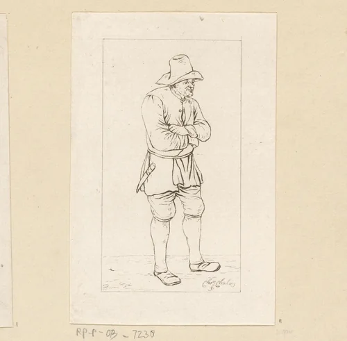 Staande man met armen over elkaar by Pieter de Mare, print, 1779