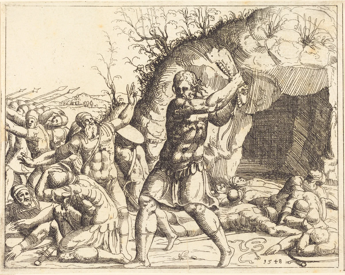 Samson Slays the Philistines by Augustin Hirschvogel, print, 1503-1553