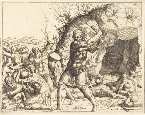 Samson Slays the Philistines by Augustin Hirschvogel, print, 1503-1553