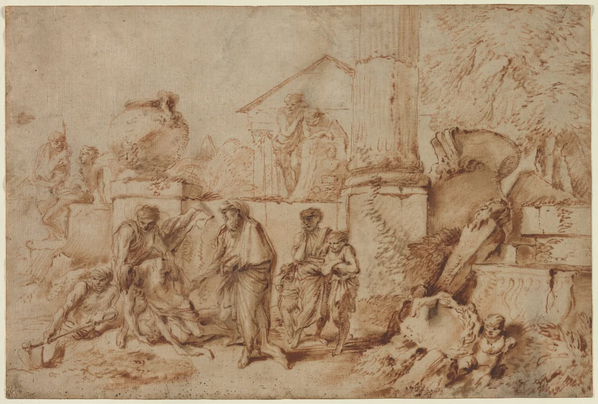 Tobit Burying the Dead by Giovanni Benedetto Castiglione, drawing, 1640-1649