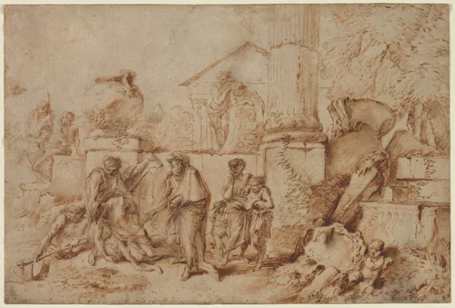 Tobit Burying the Dead by Giovanni Benedetto Castiglione, drawing, 1640-1649