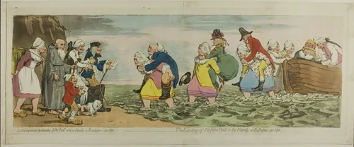 The Landing of Sir John Bull & His Family, at Boulogne sur mer by James Gillray, print, 1792