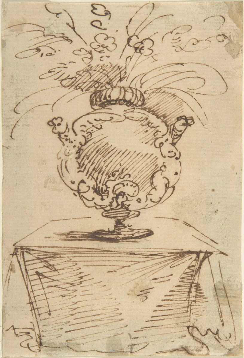 Vase of Flowers on a Table by anonymous, drawing, 1600-1800