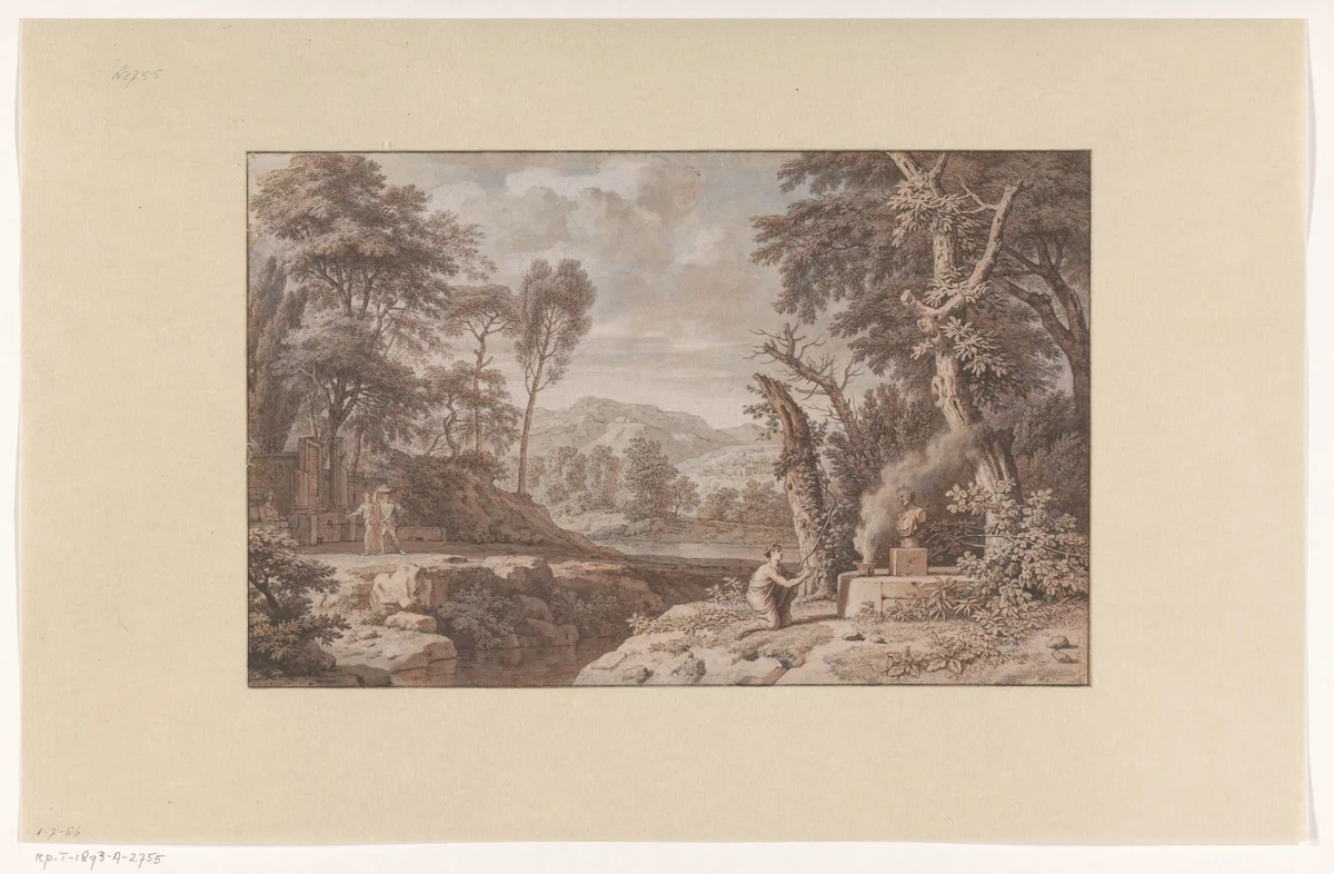 Arcadian Landscape with a Scene of Sacrifice by Johannes Glauber, drawing, 1739