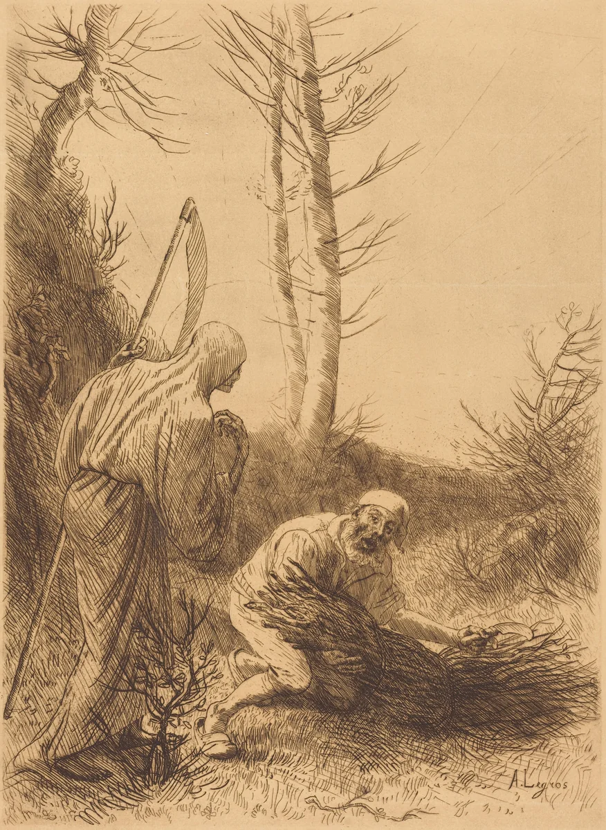 Death and the Woodcutter, 2nd plate (Le mort et le bucheron) by Alphonse Legros, print, 1837-1911