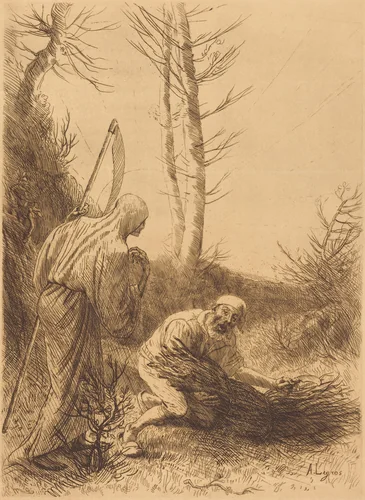 Death and the Woodcutter, 2nd plate (Le mort et le bucheron) by Alphonse Legros, print, 1837-1911