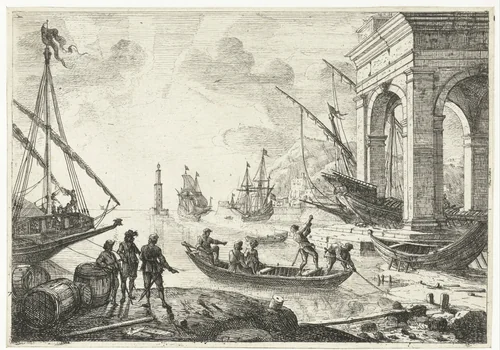 Haven met een vuurtoren by Claude Lorrain, print, 1638-1641