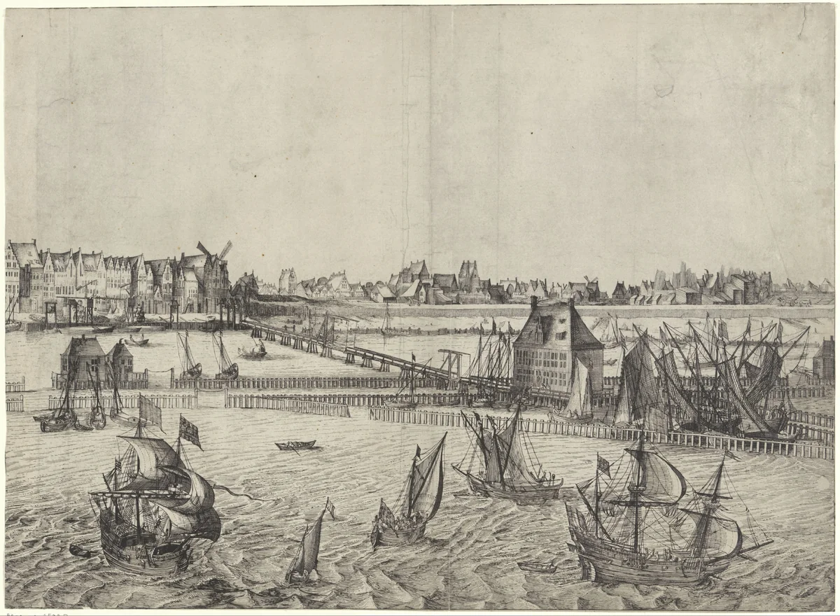Gezicht op Amsterdam, vanaf het IJ (plaat IV) by anonymous, print, 1612-1652
