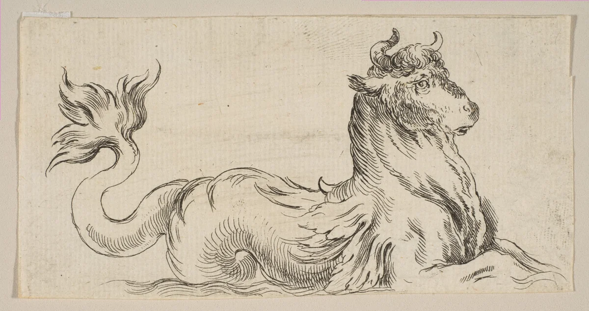 Plate 9: Marine Bull, from "Various figures and doodles" (Diverses figures et griffonnemens) by Stefano della Bella, print, 1641-1651