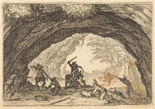 Soldiers Attacking Robbers by Jacques Callot, print, 1622