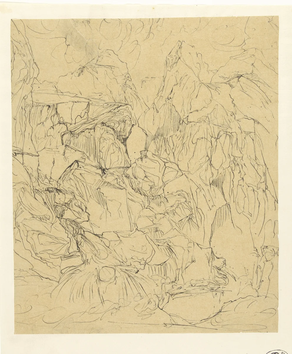 Kaal rotslandschap, op de voorgrond links een waterval by Rodolphe Bresdin, drawing, 1832-1885