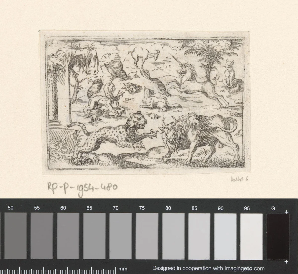 Twee vossen, een luipaard, een oeros, een schildpad, een gems, een eenhoorn en een mythisch dier by Stephan Herman, print, 1578-1596