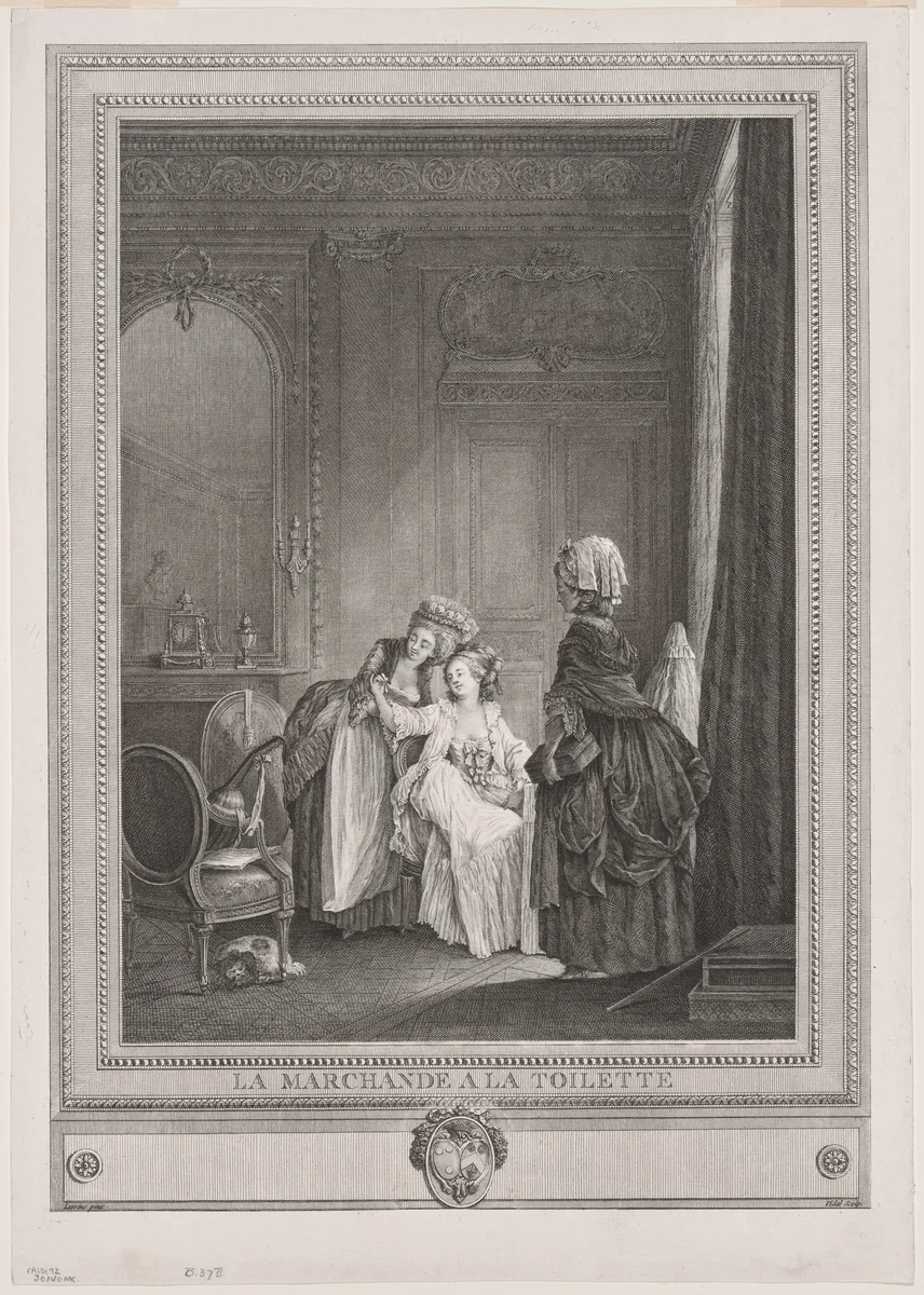 The Tradeswoman in the Dressing Room (La Marchande à la Toilette) by Gérard Vidal, print, 1780-1785