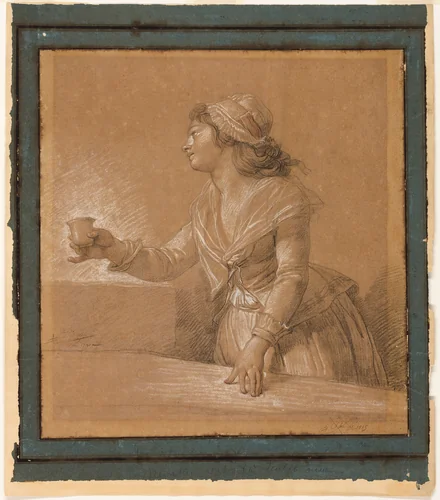 Young Woman at a Table Holding a Cup by François-André Vincent, drawing, 1790