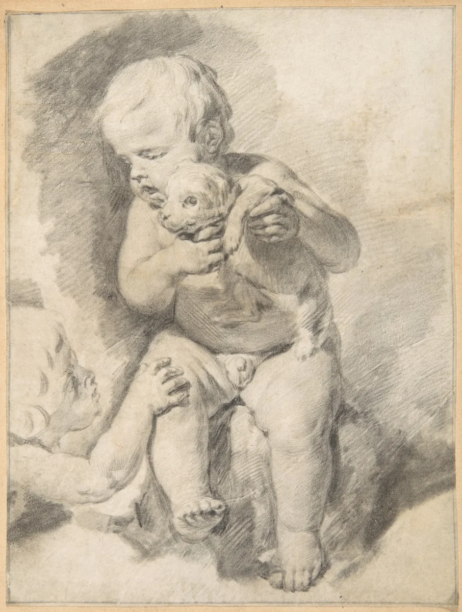 Two Boys with a Puppy by Cornelis Visscher, drawing, 1651-1658