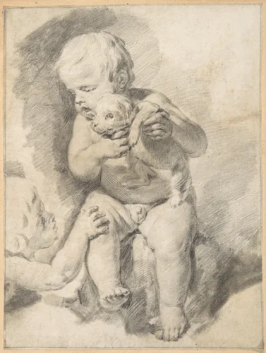 Two Boys with a Puppy by Cornelis Visscher, drawing, 1651-1658