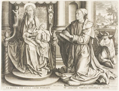 Saint Luke Painting the Virgin by Anton Wierix II, print, 1580-1590
